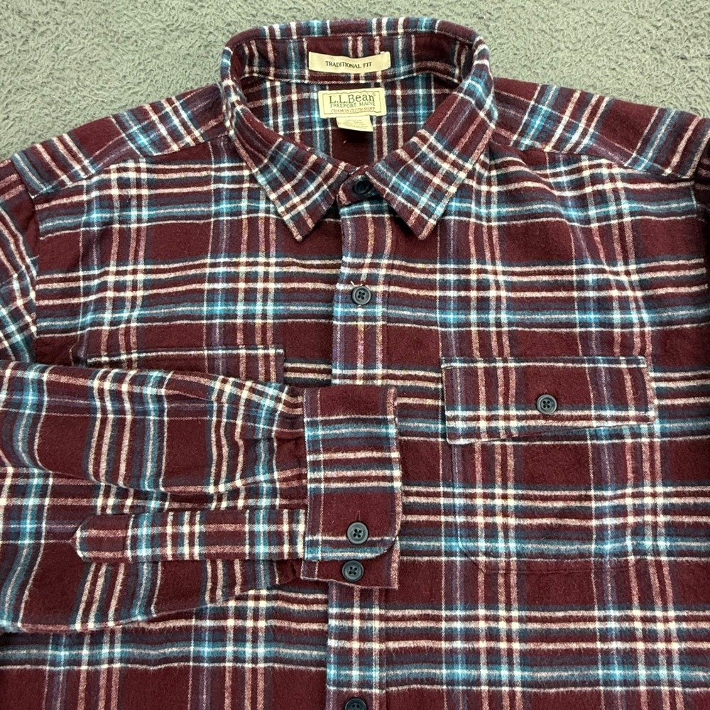 L.L. Bean Chamois Cloth Shirt Mens XL‎ Regular Burgundy Plaid Flannel 277981